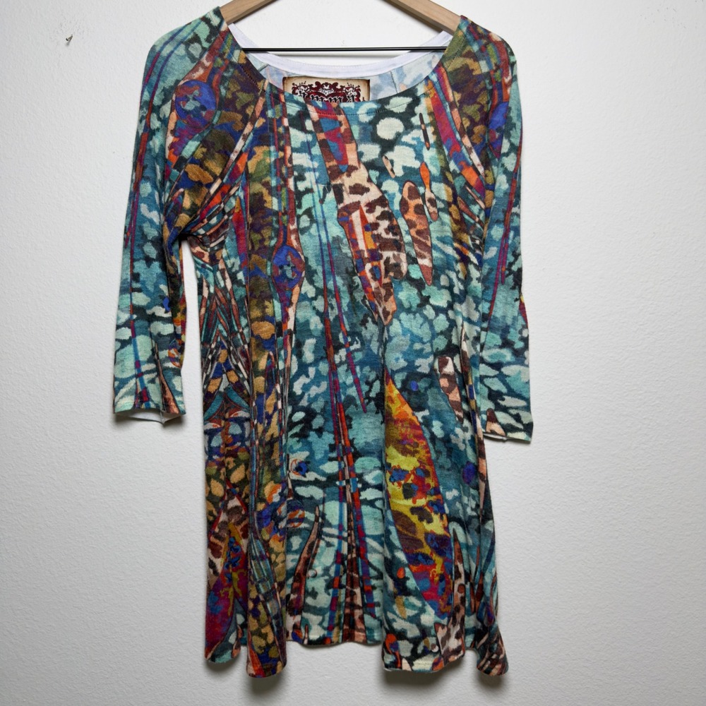 Amma Women Tunic Top Large Multi Color Psychedelic Abstract Long Sleeve V-Neck